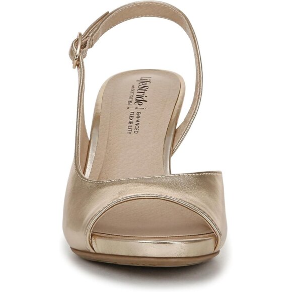 LifeStride Womens Gold Faux Leather Slingback Peep Toe Pumps Heeled Sandal - Picture 2 of 9